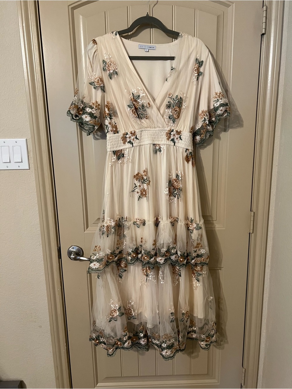 Baltic Born Cream Midi Dress with Green and Brown Floral Embroidery